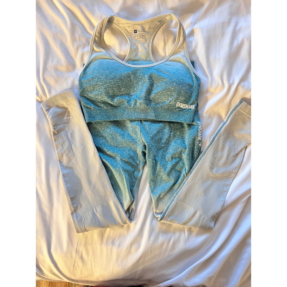 Gymshark Seamless Ombre Workout‎ Set Women's M Leggings Crop Top Teal Activewear